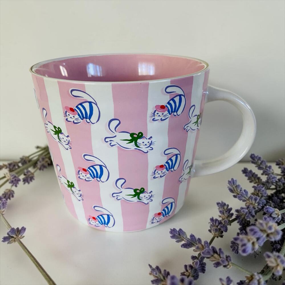 New Prima Design French Paris Kitty Cat Pink & White Stripe Coffee Tea 18oz Mug